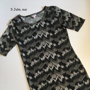 S Lularoe Julia sheath dress, black white grey tie-dyed, camo